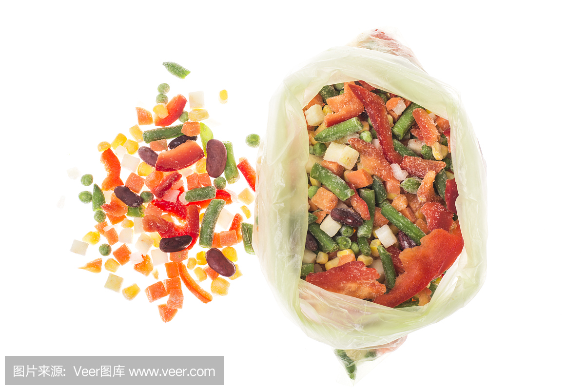 用玻璃纸包装的冷冻蔬菜混合物